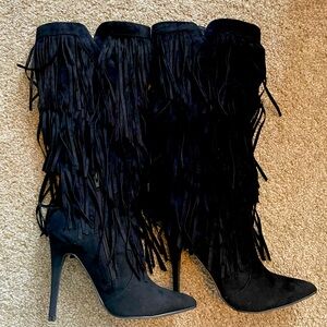 Brand New, Black, Suede pointy-toed tassel boots.